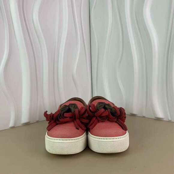 Louis Vuitton Pink Canvas Slip-On Sneakers With Leather Rosette Details & White - Picture 3 of 7